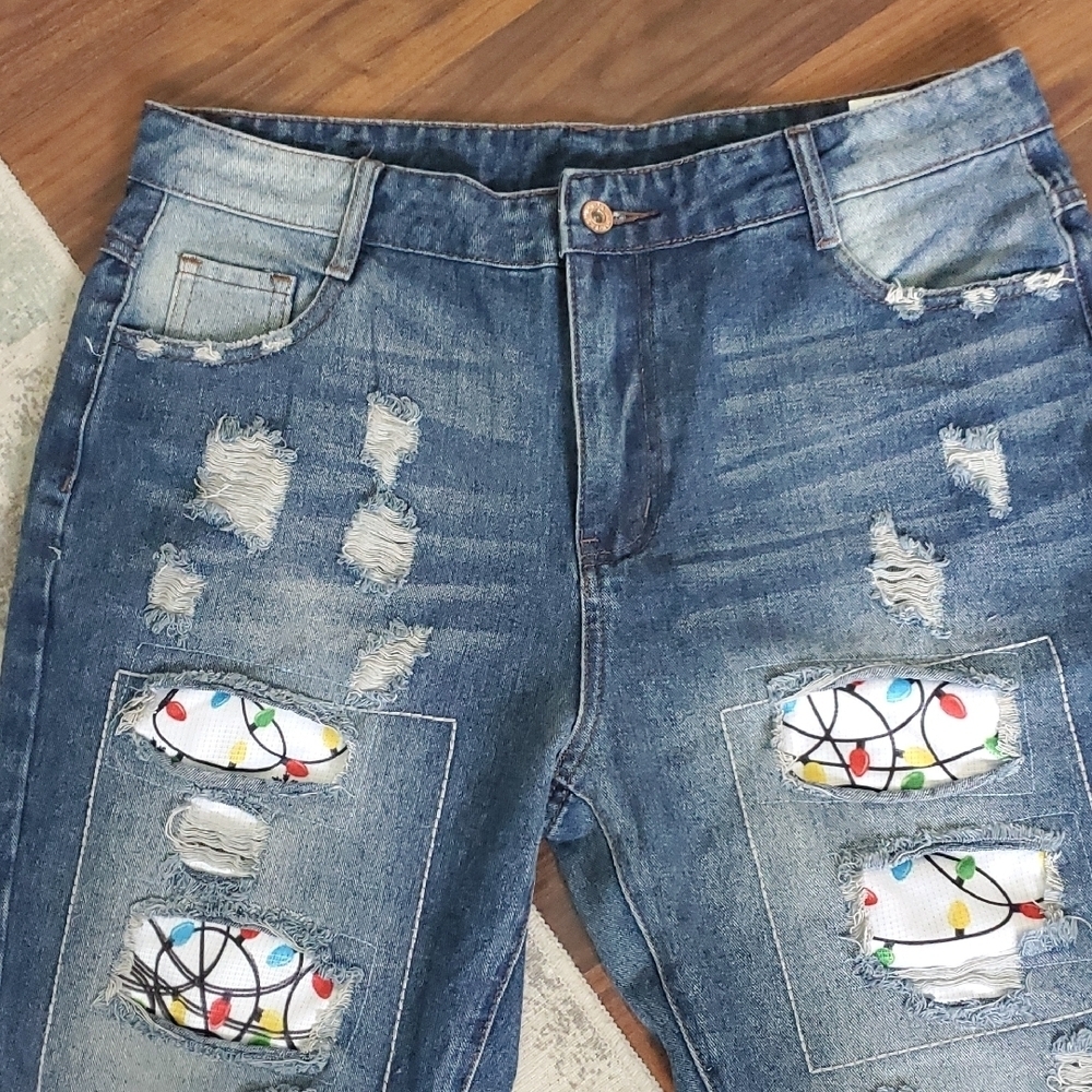 Blue Distressed Jeans with Christmas Lights Design - Picture 5 of 9